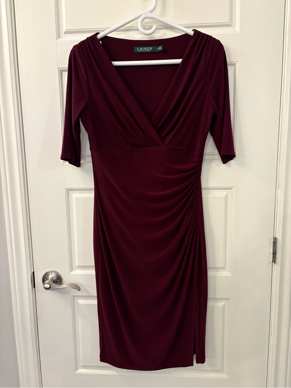 Ralph Lauren Burgundy Faux-Wrap Ruched Midi Dress